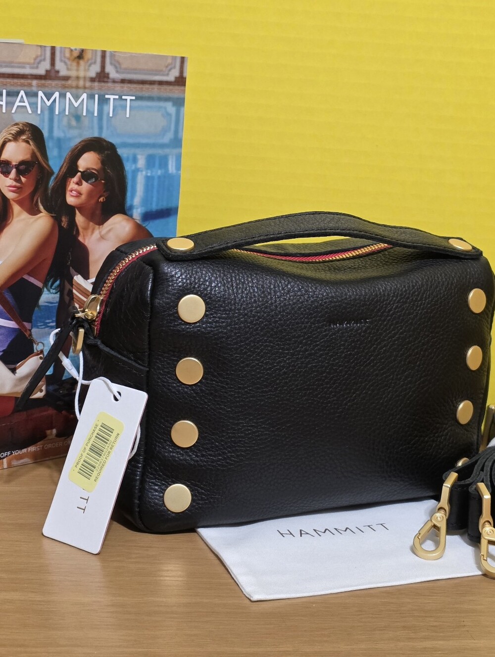 Hammitt Black Pebbled Leather Crossbody with Gold Stud Accents